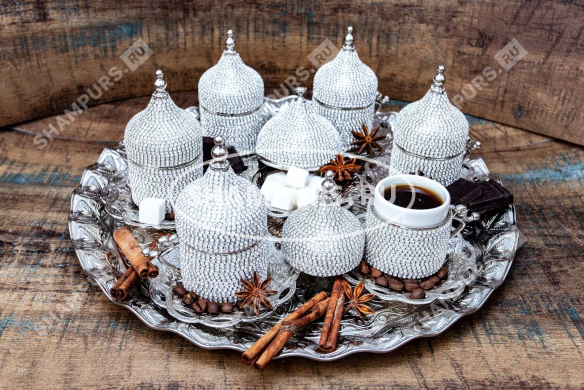 Кофейный сет с подносом на 6 персон усыпанный алмазами
