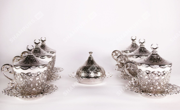Серебряный кофейный комплект для 6 гостей на подносе